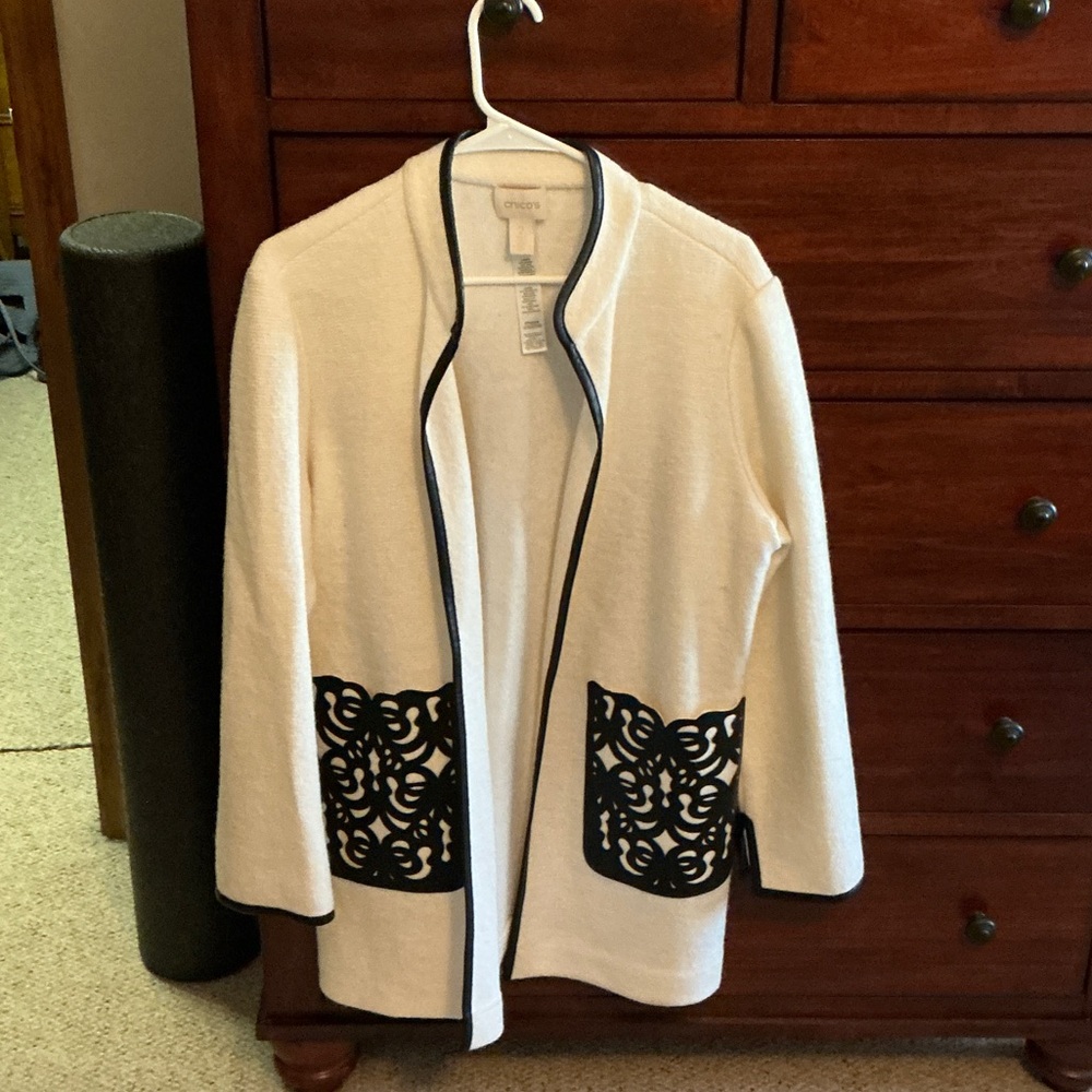 Chico's Cream Open Cardigan with Black Trim and Cutout Pockets